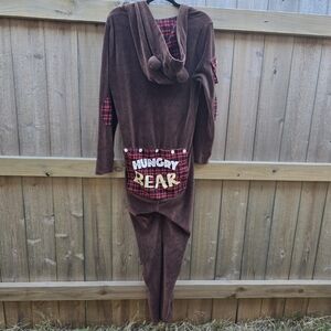 Waiquiri One-piece Pajamas Mens Large Brown Hungry Bear Flapjack Hooded Plaid